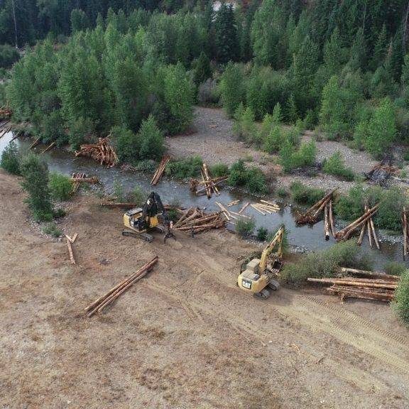 Drone picture of North Fork Teanaway River with wood additions in 2019